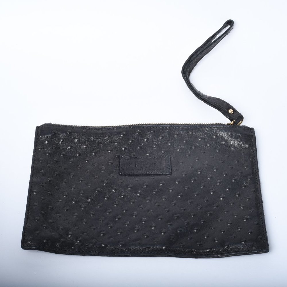 Compact Black Faux Leather Satchel Pouch with Wristlet Strap